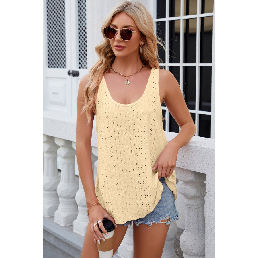 Eyelet Scoop Neck Wide Strap Tank Pastel Yellow / S Apparel and Accessories