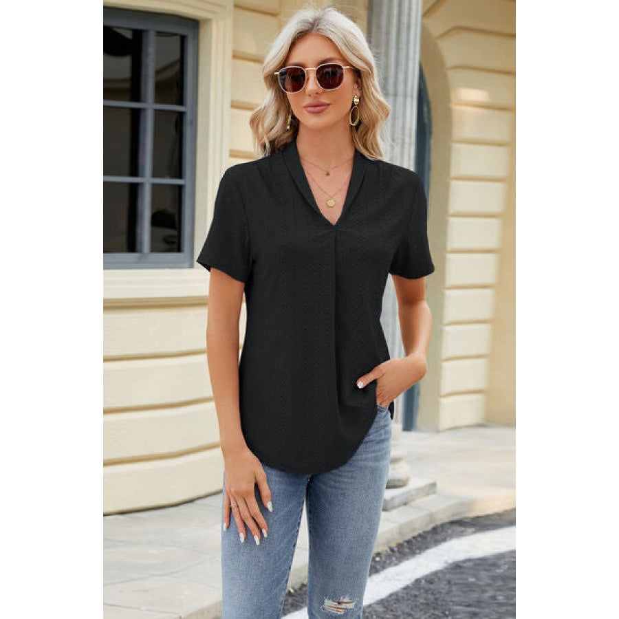 Eyelet Short Sleeve Blouse Black / S Apparel and Accessories