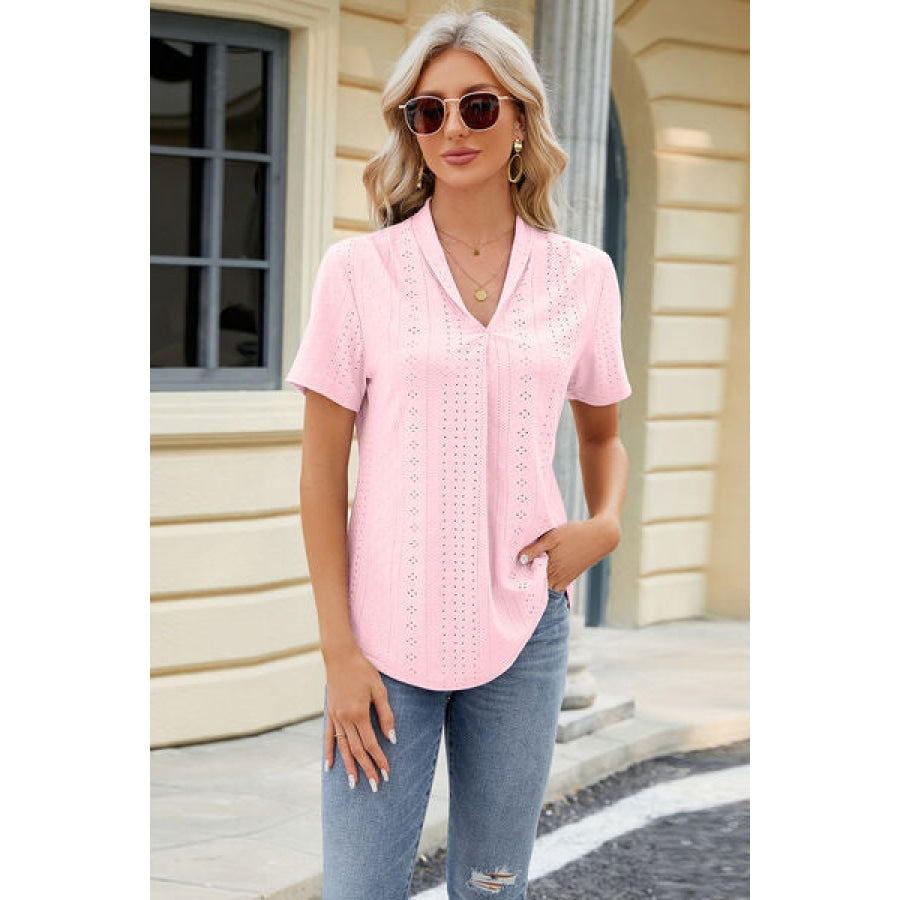 Eyelet Short Sleeve Blouse Blush Pink / S Apparel and Accessories