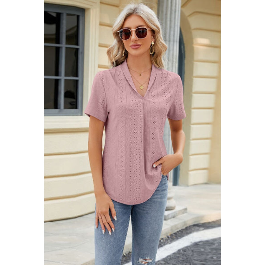 Eyelet Short Sleeve Blouse Dusty Pink / S Apparel and Accessories