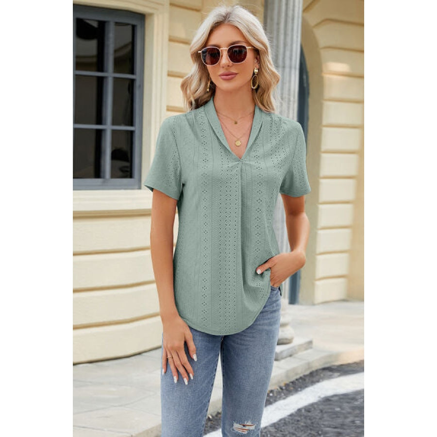 Eyelet Short Sleeve Blouse Gum Leaf / S Apparel and Accessories