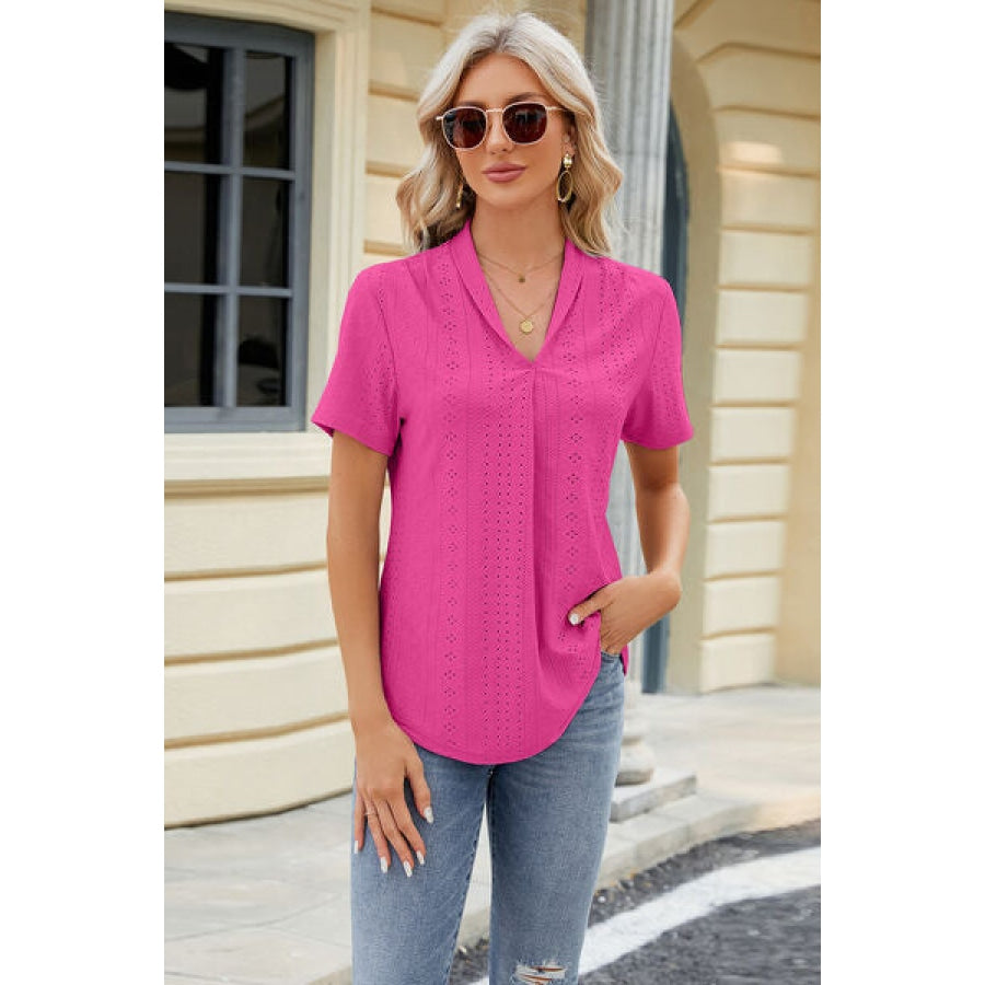 Eyelet Short Sleeve Blouse Hot Pink / S Apparel and Accessories