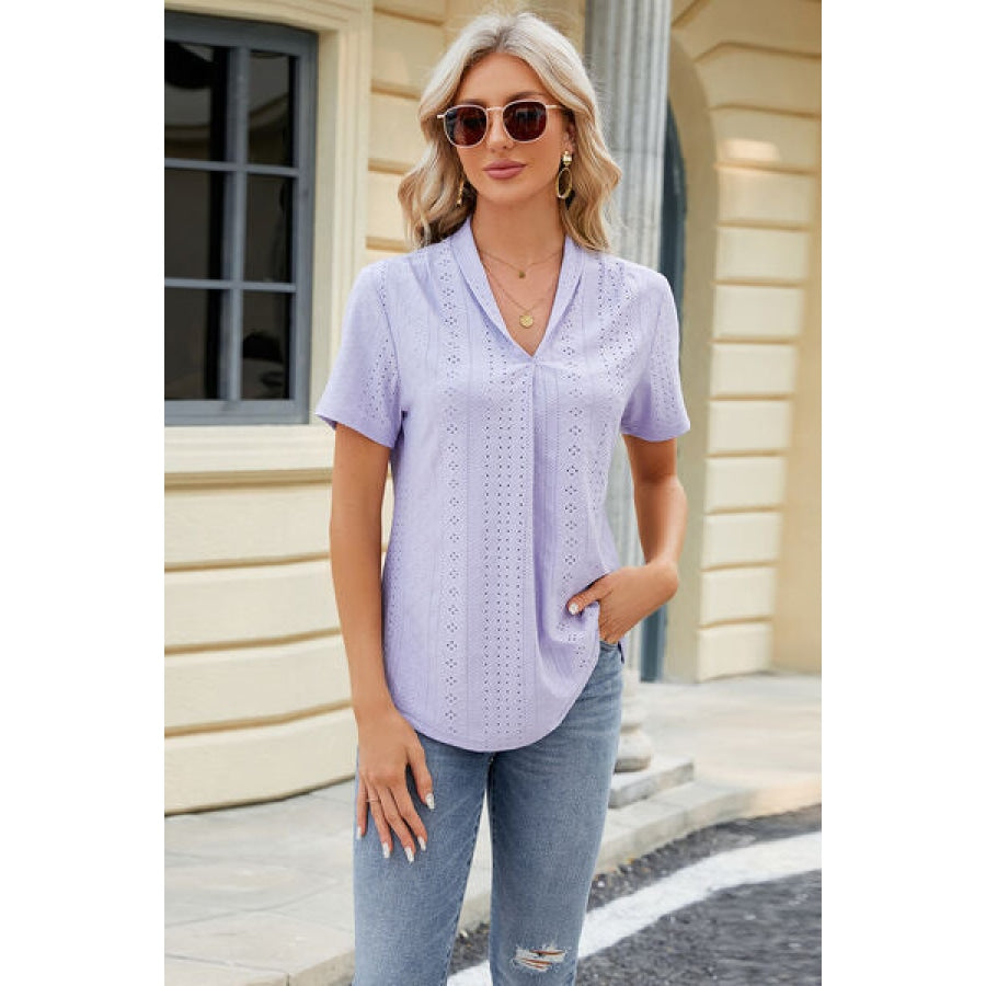 Eyelet Short Sleeve Blouse Lavender / S Apparel and Accessories