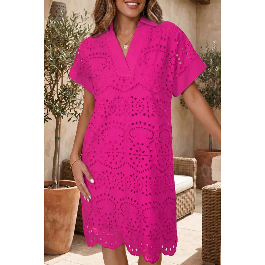 Eyelet Short Sleeve Dress Hot Pink / S Apparel and Accessories