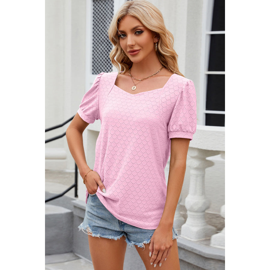 Eyelet Short Sleeve Top Carnation Pink / S Apparel and Accessories