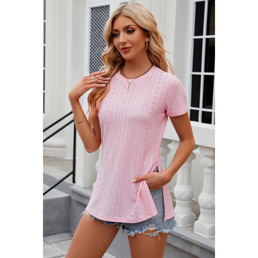 Eyelet Slit Round Neck Short Sleeve T - Shirt Apparel and Accessories