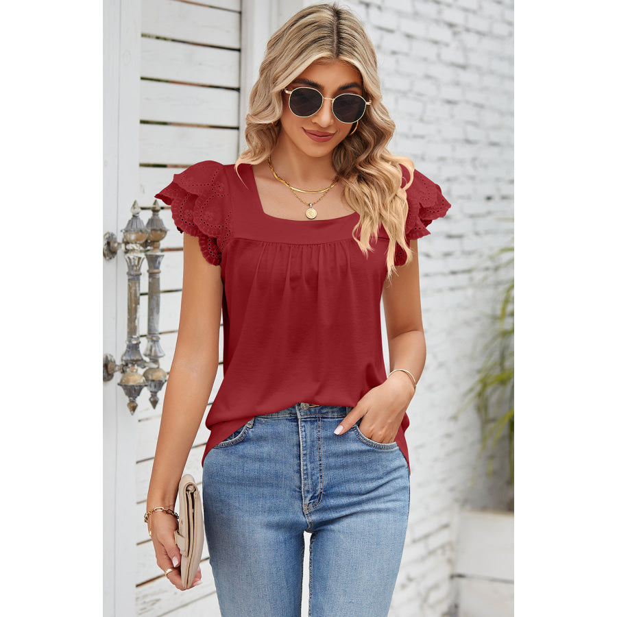 Eyelet Square Neck Cap Sleeve Blouse Apparel and Accessories