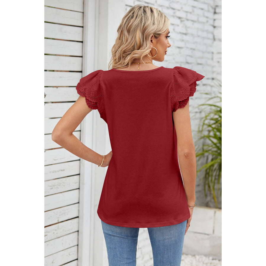 Eyelet Square Neck Cap Sleeve Blouse Apparel and Accessories