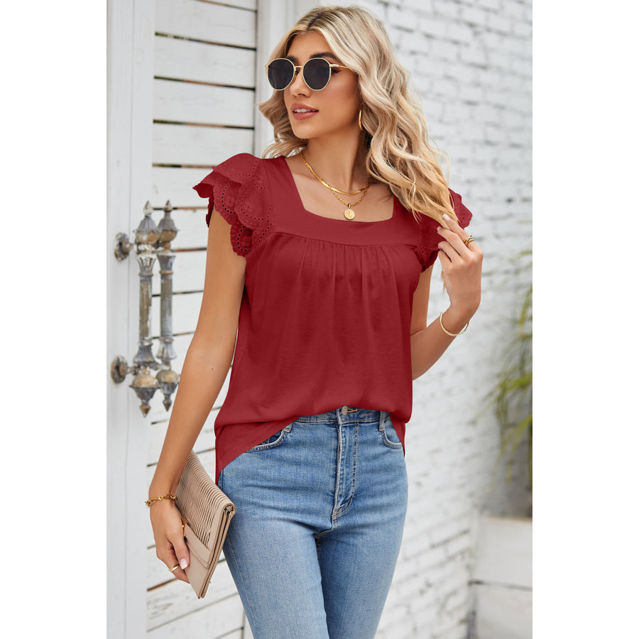 Eyelet Square Neck Cap Sleeve Blouse Apparel and Accessories