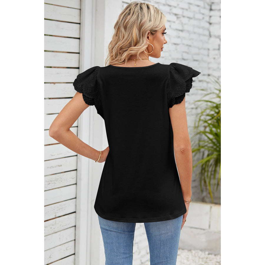 Eyelet Square Neck Cap Sleeve Blouse Apparel and Accessories