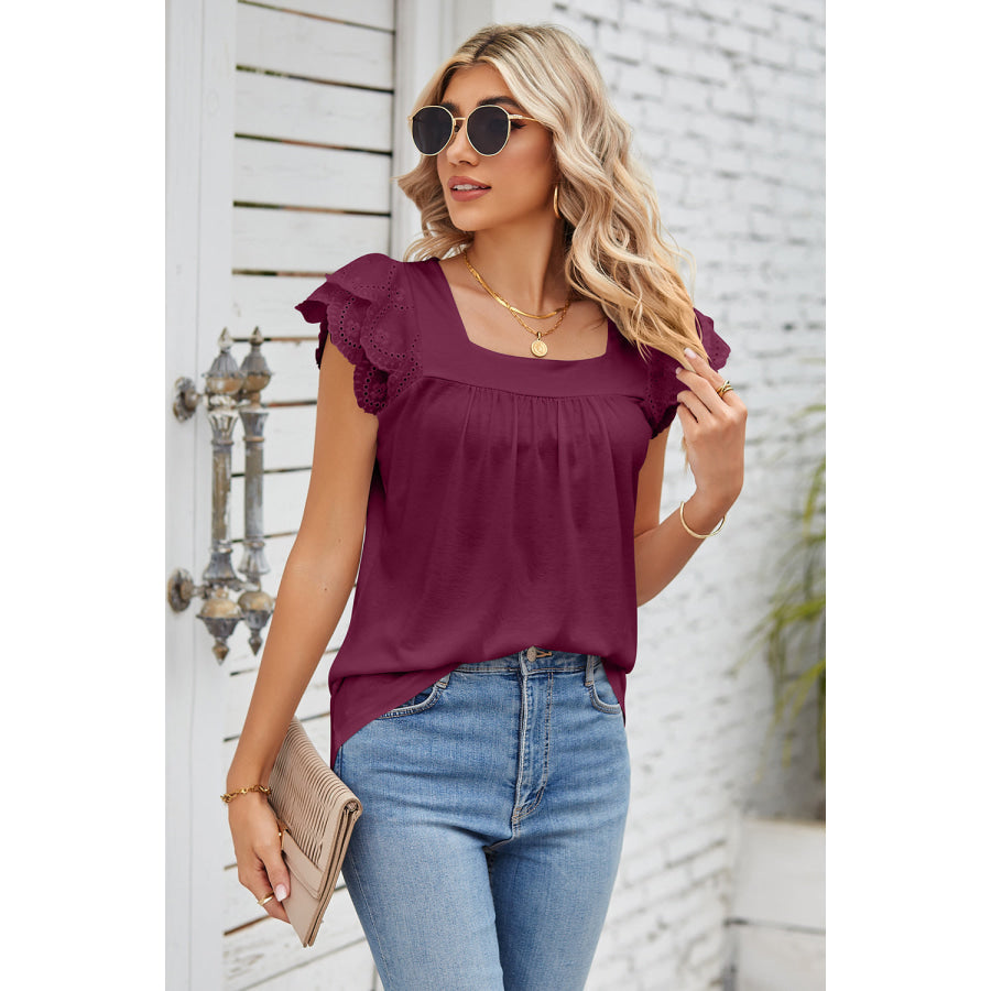 Eyelet Square Neck Cap Sleeve Blouse Apparel and Accessories