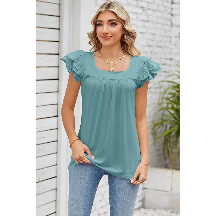 Eyelet Square Neck Cap Sleeve Blouse Apparel and Accessories