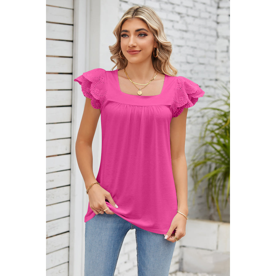 Eyelet Square Neck Cap Sleeve Blouse Apparel and Accessories