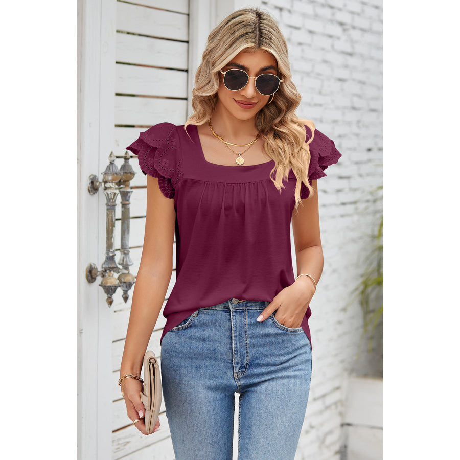 Eyelet Square Neck Cap Sleeve Blouse Apparel and Accessories