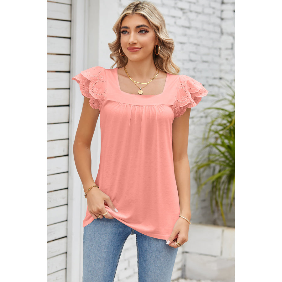 Eyelet Square Neck Cap Sleeve Blouse Apparel and Accessories