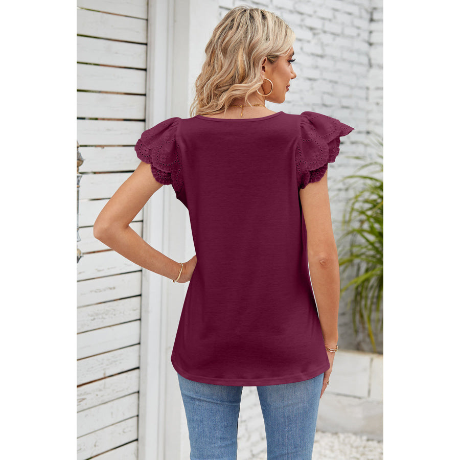 Eyelet Square Neck Cap Sleeve Blouse Apparel and Accessories