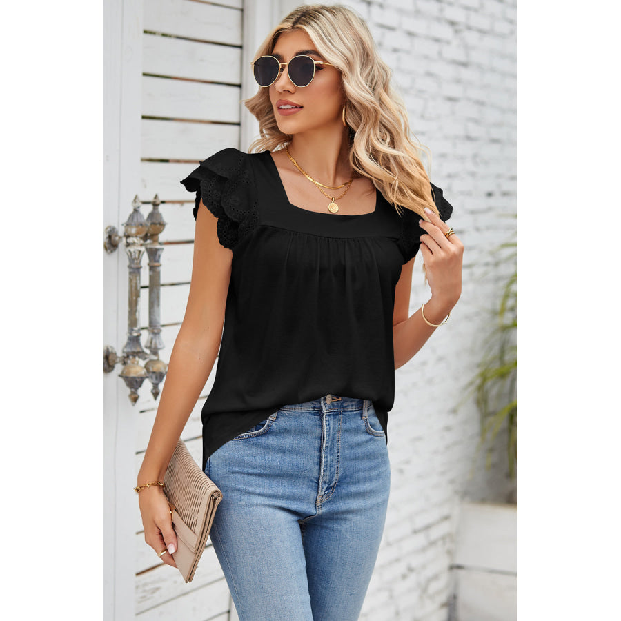 Eyelet Square Neck Cap Sleeve Blouse Apparel and Accessories