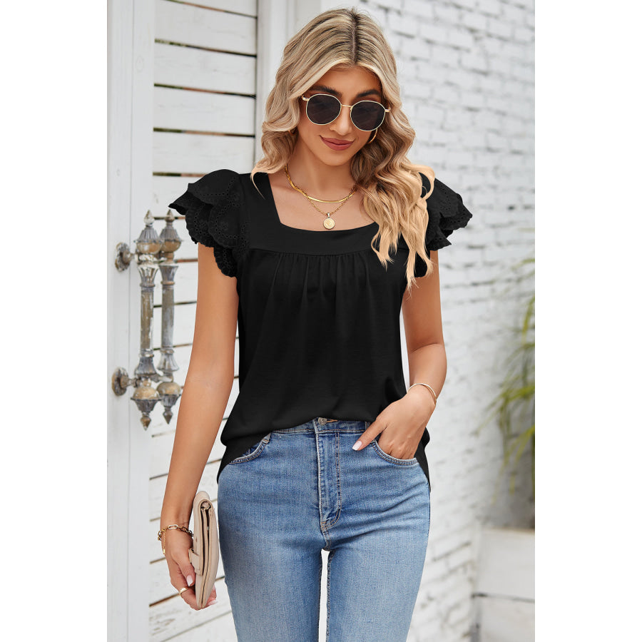 Eyelet Square Neck Cap Sleeve Blouse Apparel and Accessories