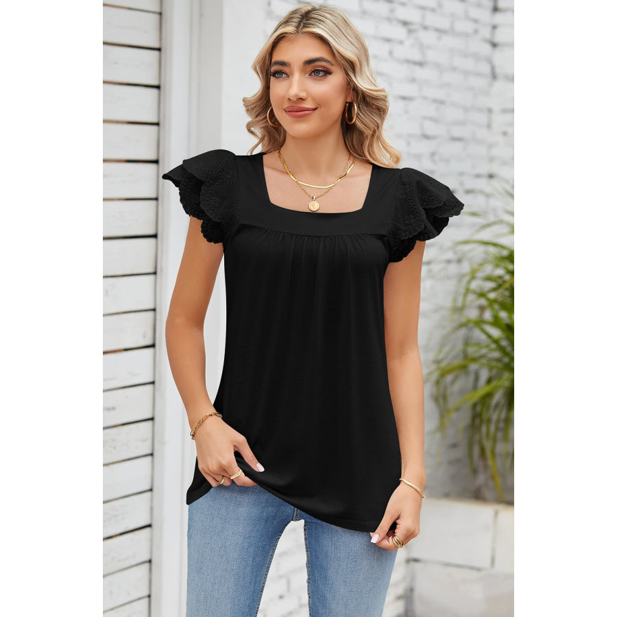 Eyelet Square Neck Cap Sleeve Blouse Black / S Apparel and Accessories