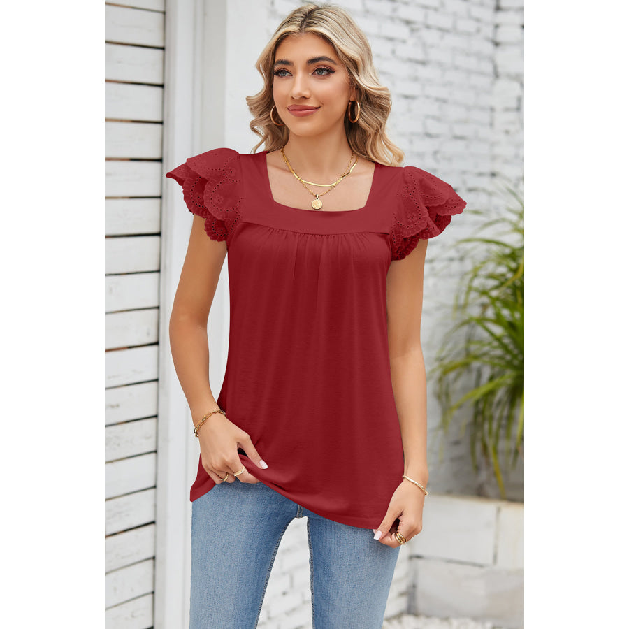 Eyelet Square Neck Cap Sleeve Blouse Brick Red / S Apparel and Accessories