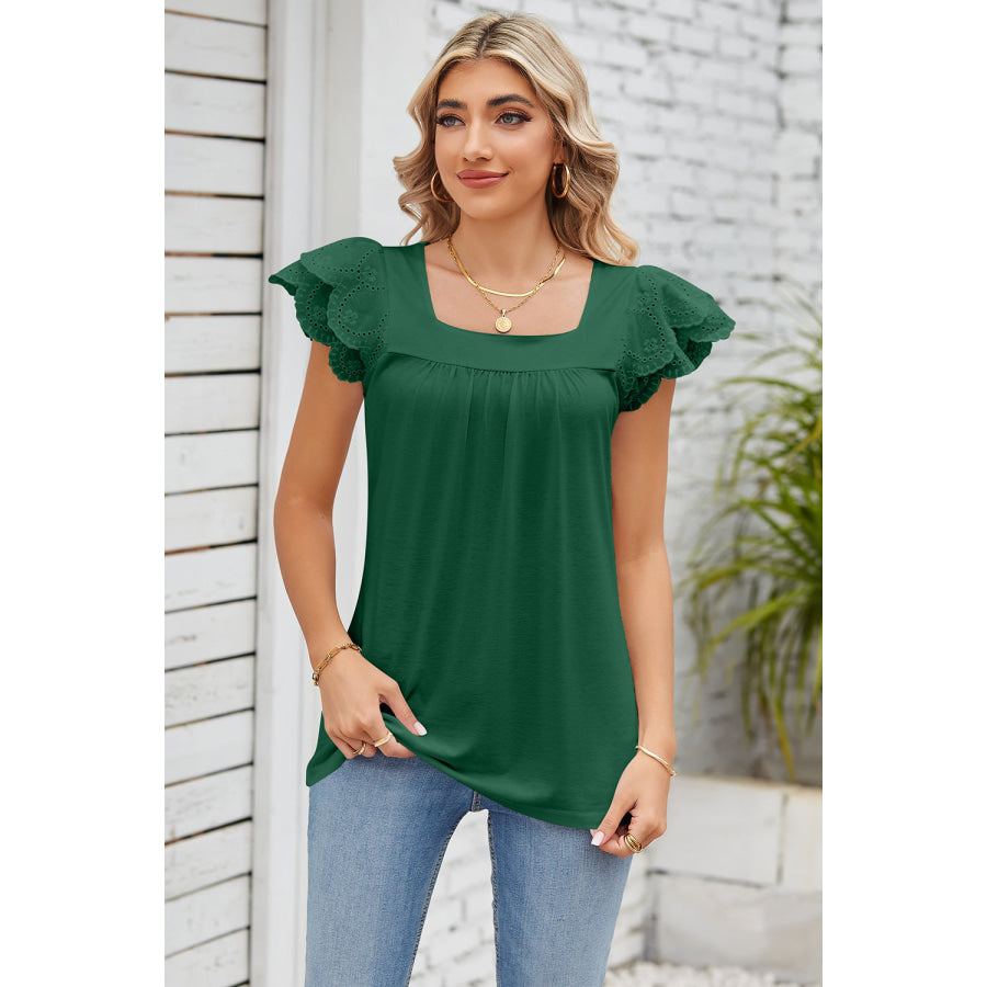 Eyelet Square Neck Cap Sleeve Blouse Green / S Apparel and Accessories