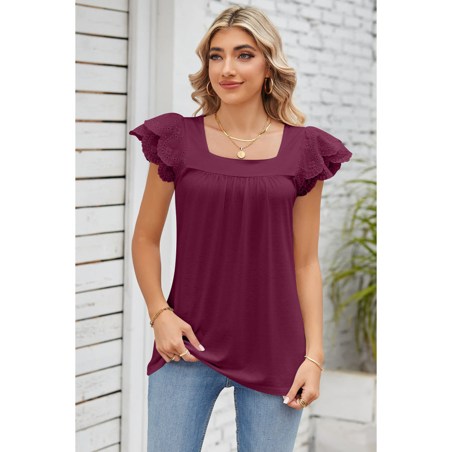 Eyelet Square Neck Cap Sleeve Blouse Magenta / S Apparel and Accessories