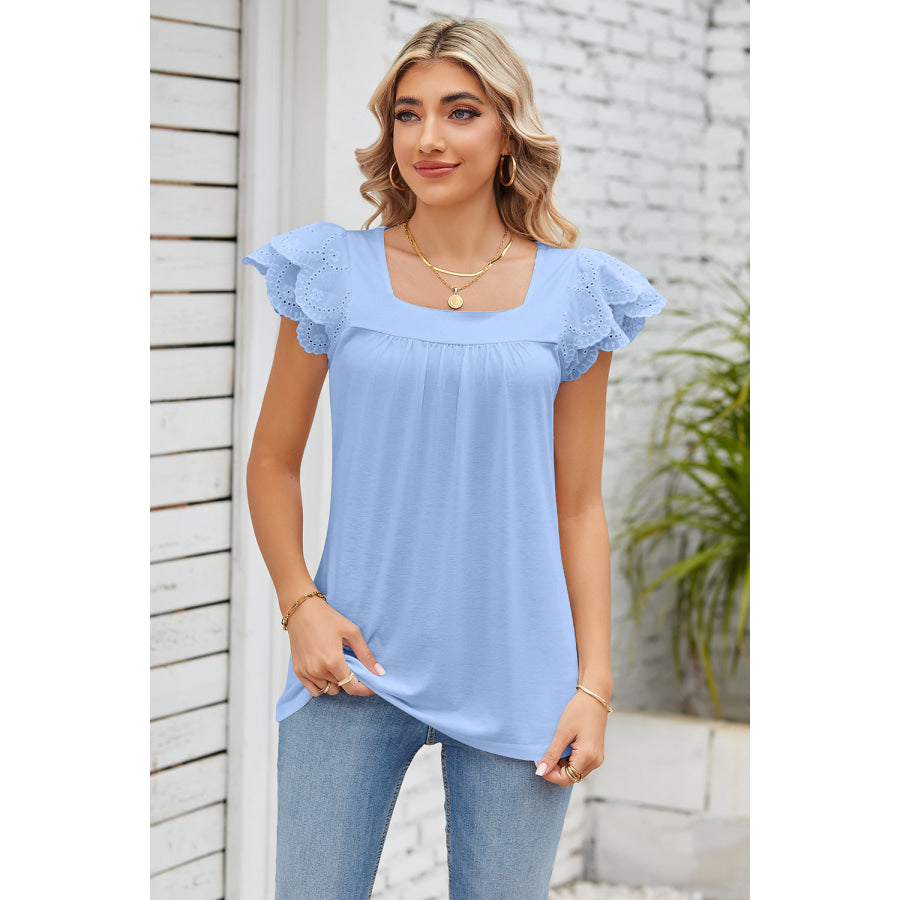 Eyelet Square Neck Cap Sleeve Blouse Pastel Blue / S Apparel and Accessories