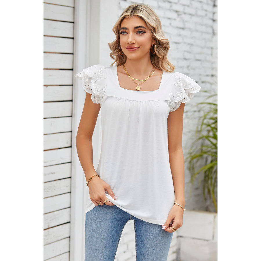 Eyelet Square Neck Cap Sleeve Blouse White / S Apparel and Accessories