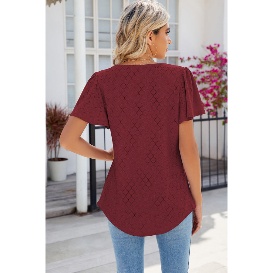 Eyelet Square Neck Flutter Sleeve Blouse Apparel and Accessories