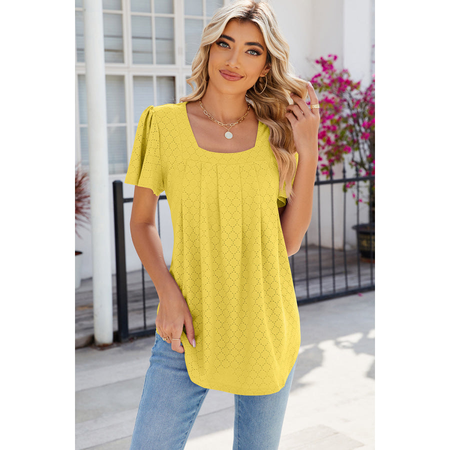 Eyelet Square Neck Flutter Sleeve Blouse Apparel and Accessories