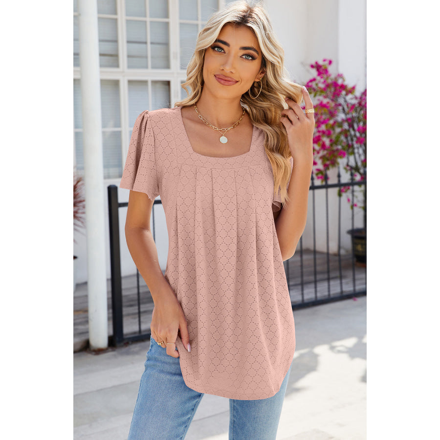 Eyelet Square Neck Flutter Sleeve Blouse Apparel and Accessories