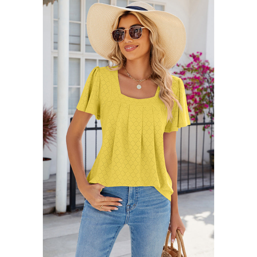 Eyelet Square Neck Flutter Sleeve Blouse Apparel and Accessories