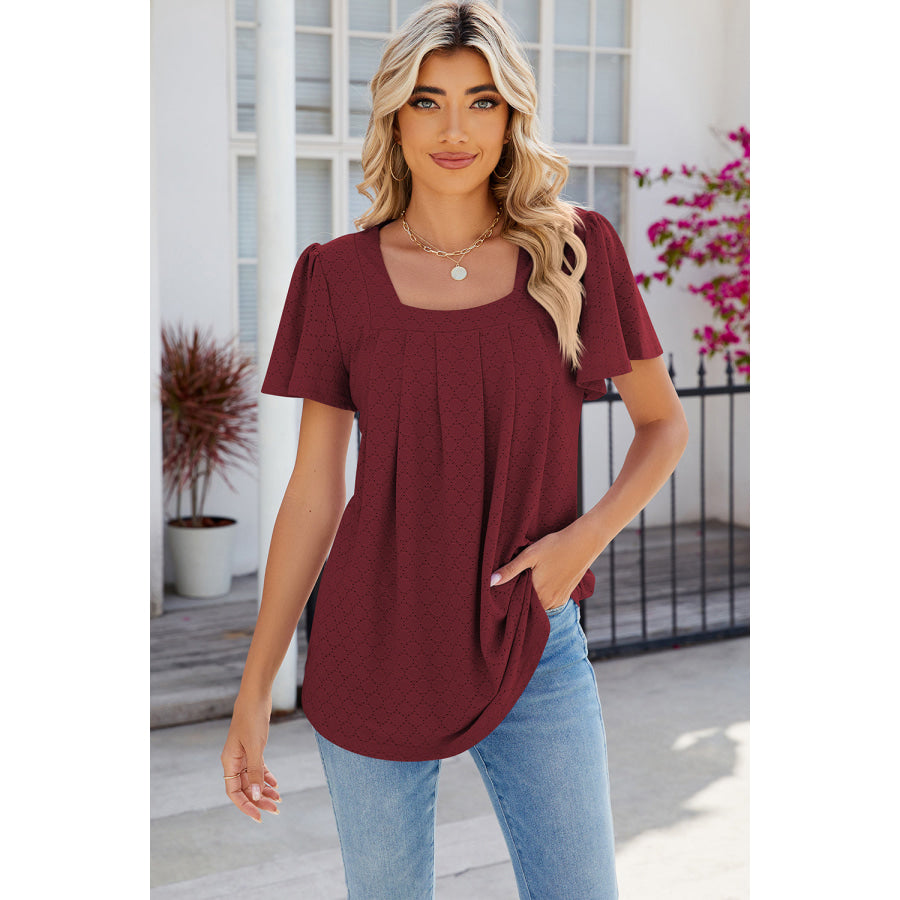 Eyelet Square Neck Flutter Sleeve Blouse Apparel and Accessories