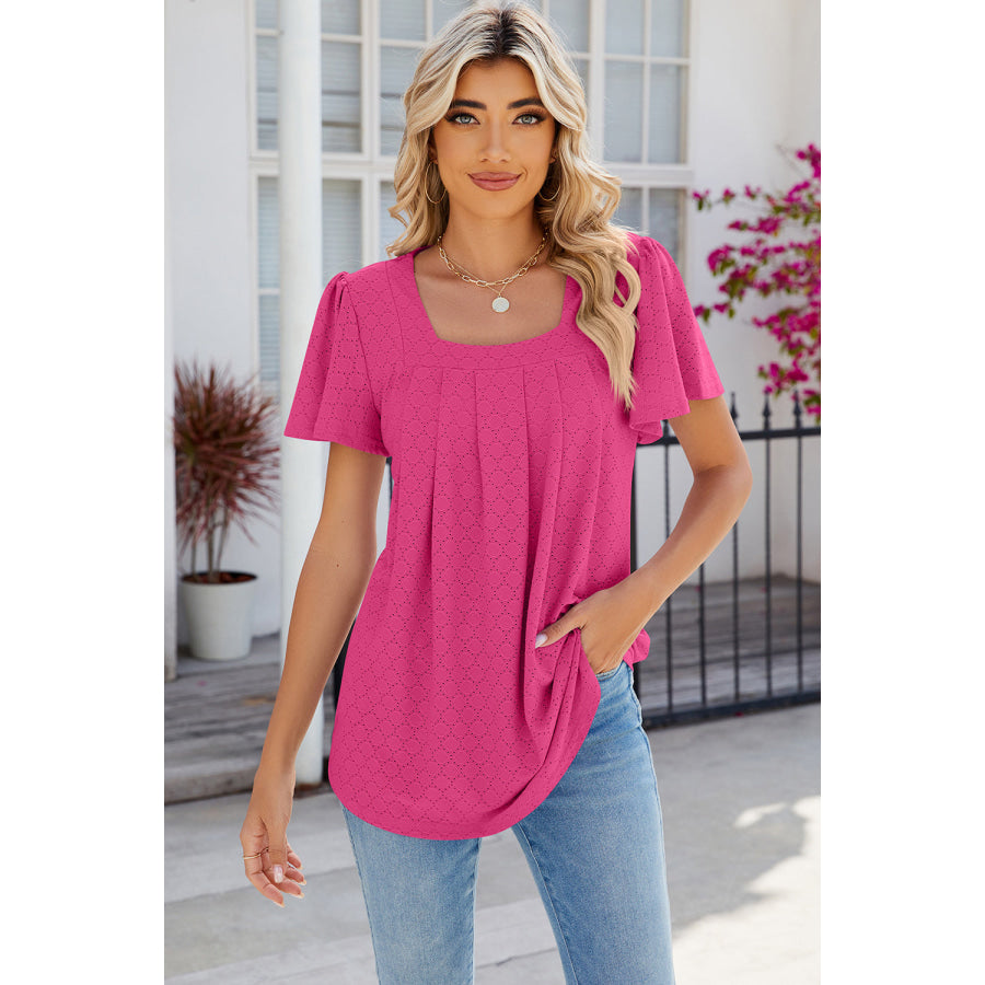 Eyelet Square Neck Flutter Sleeve Blouse Apparel and Accessories