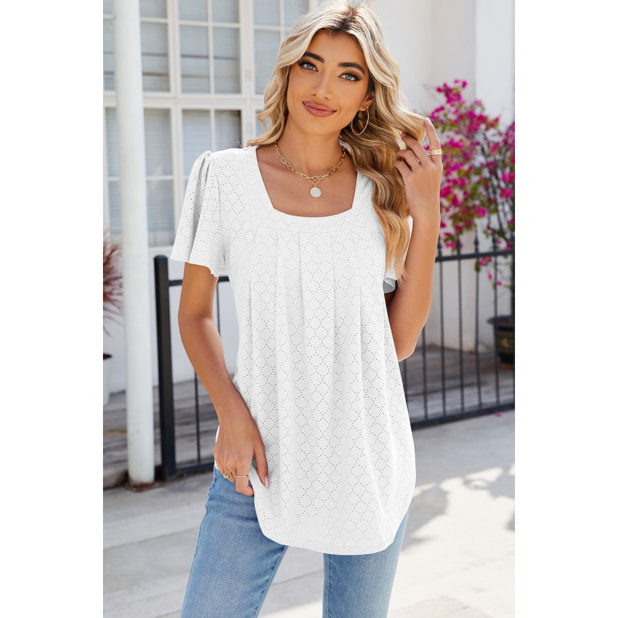 Eyelet Square Neck Flutter Sleeve Blouse Apparel and Accessories