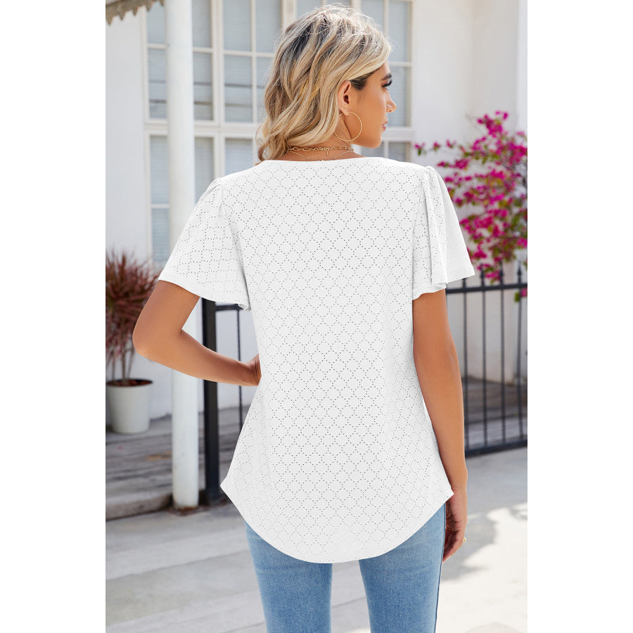 Eyelet Square Neck Flutter Sleeve Blouse Apparel and Accessories