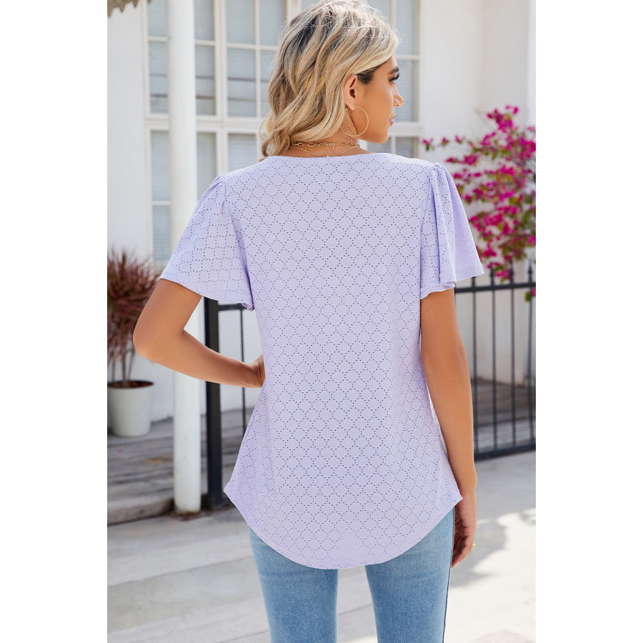 Eyelet Square Neck Flutter Sleeve Blouse Apparel and Accessories