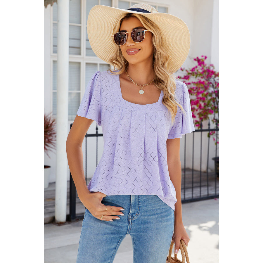 Eyelet Square Neck Flutter Sleeve Blouse Apparel and Accessories