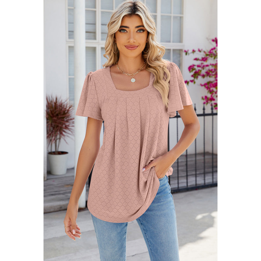 Eyelet Square Neck Flutter Sleeve Blouse Apparel and Accessories