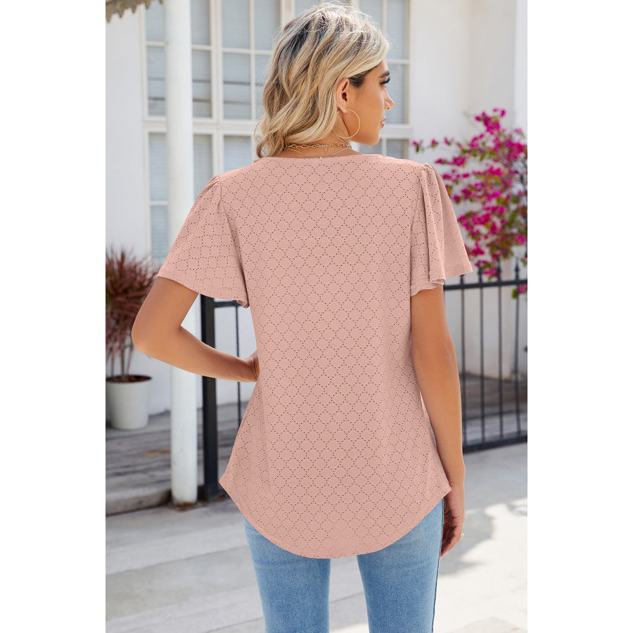 Eyelet Square Neck Flutter Sleeve Blouse Apparel and Accessories