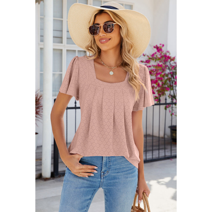 Eyelet Square Neck Flutter Sleeve Blouse Apparel and Accessories