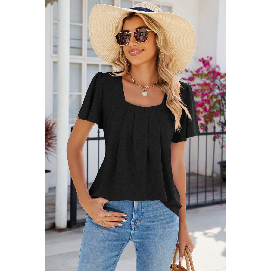 Eyelet Square Neck Flutter Sleeve Blouse Apparel and Accessories