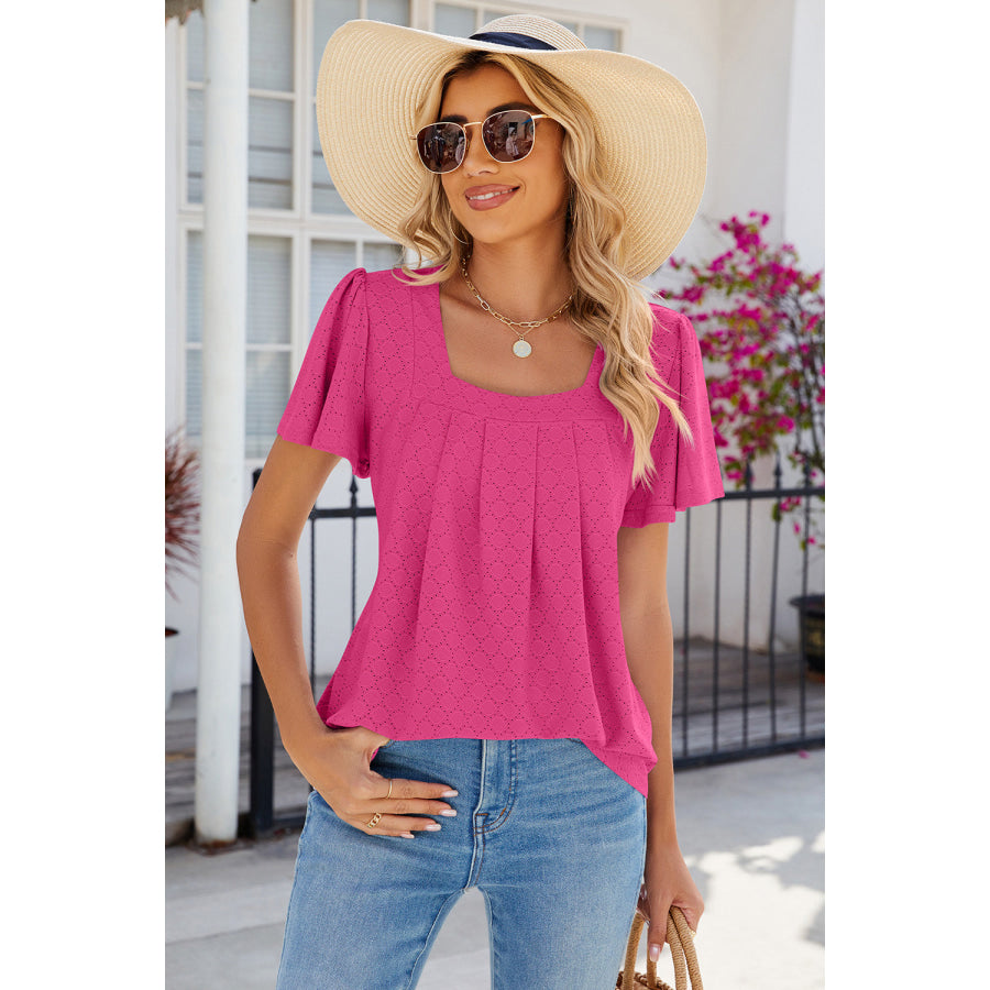 Eyelet Square Neck Flutter Sleeve Blouse Apparel and Accessories