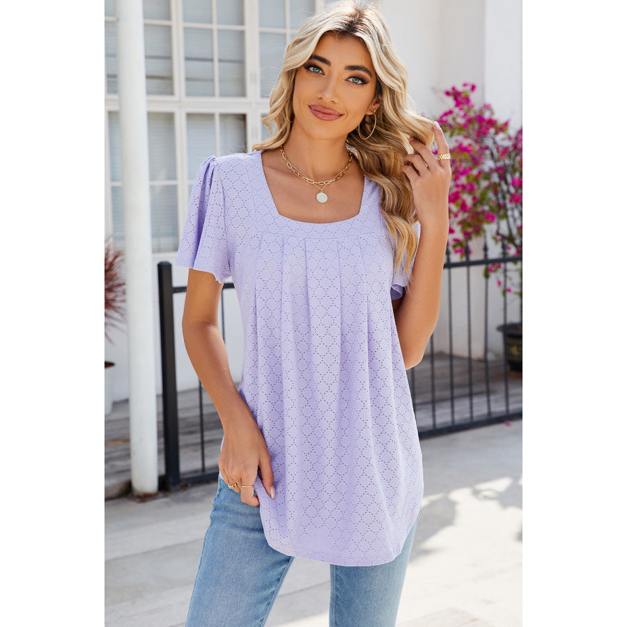 Eyelet Square Neck Flutter Sleeve Blouse Apparel and Accessories