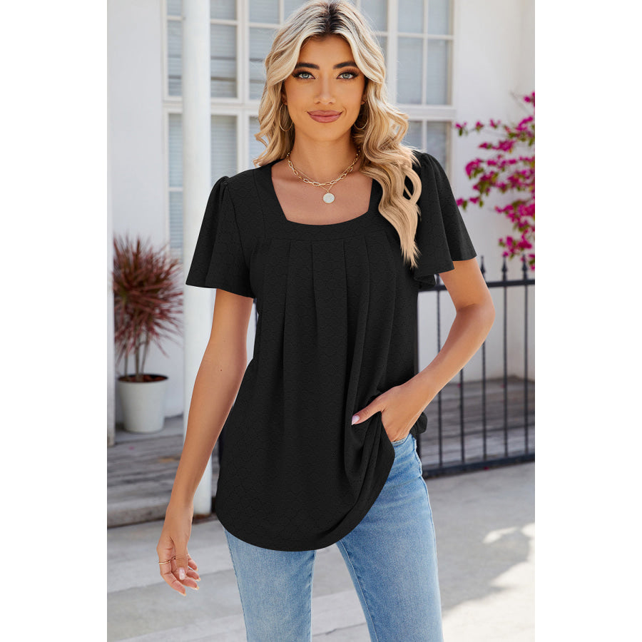 Eyelet Square Neck Flutter Sleeve Blouse Apparel and Accessories