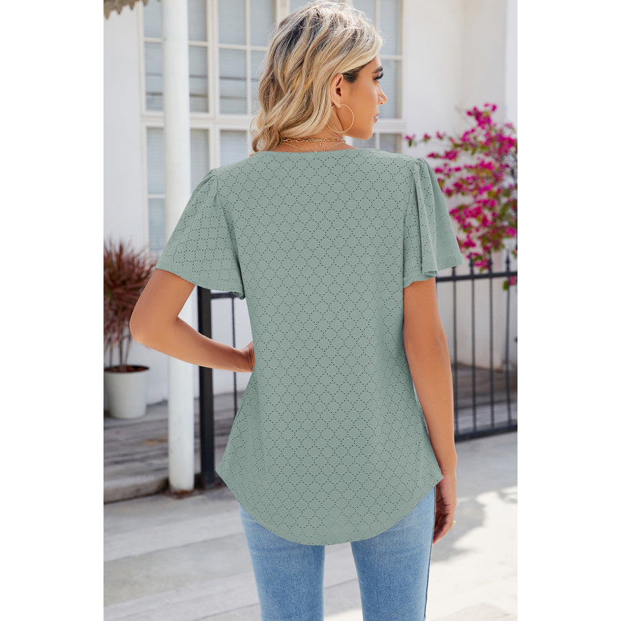 Eyelet Square Neck Flutter Sleeve Blouse Apparel and Accessories