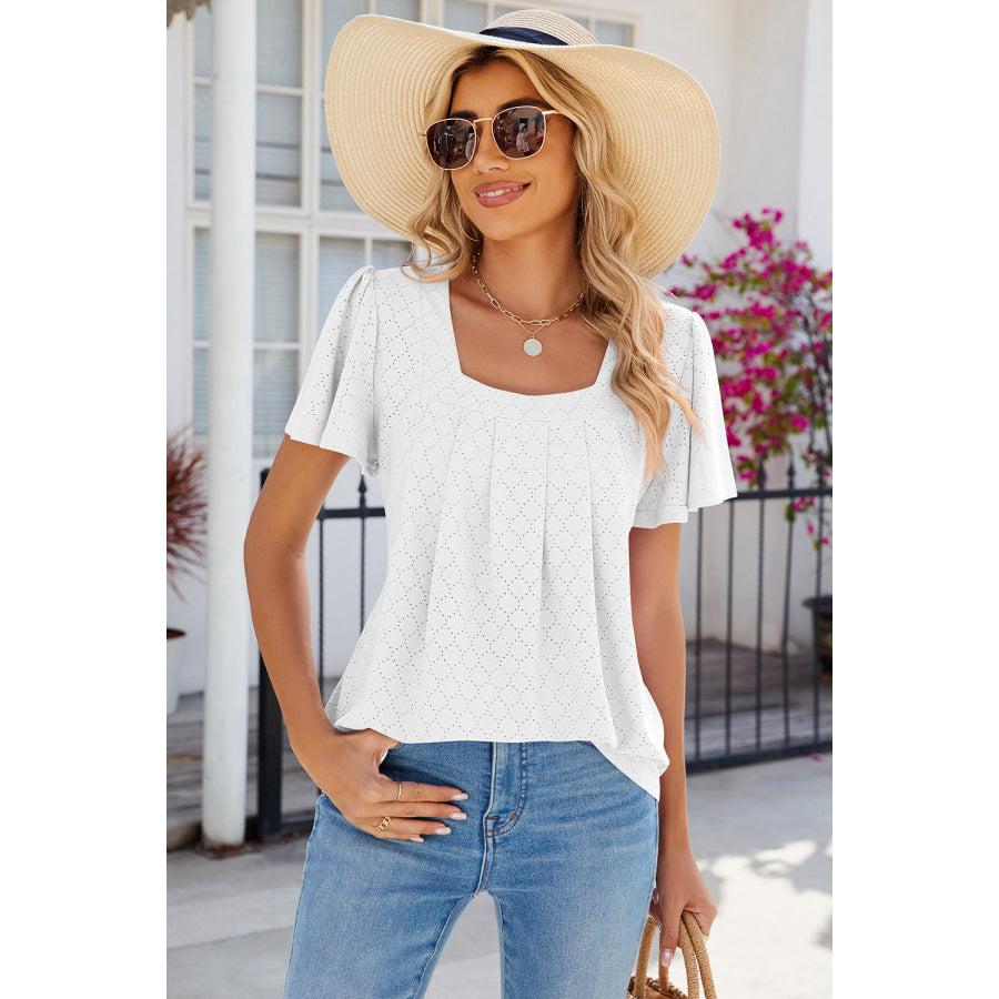 Eyelet Square Neck Flutter Sleeve Blouse Apparel and Accessories