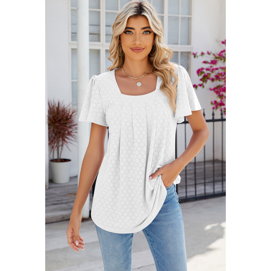 Eyelet Square Neck Flutter Sleeve Blouse Apparel and Accessories