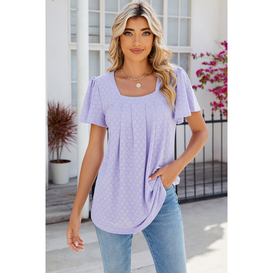 Eyelet Square Neck Flutter Sleeve Blouse Lavender / S Apparel and Accessories