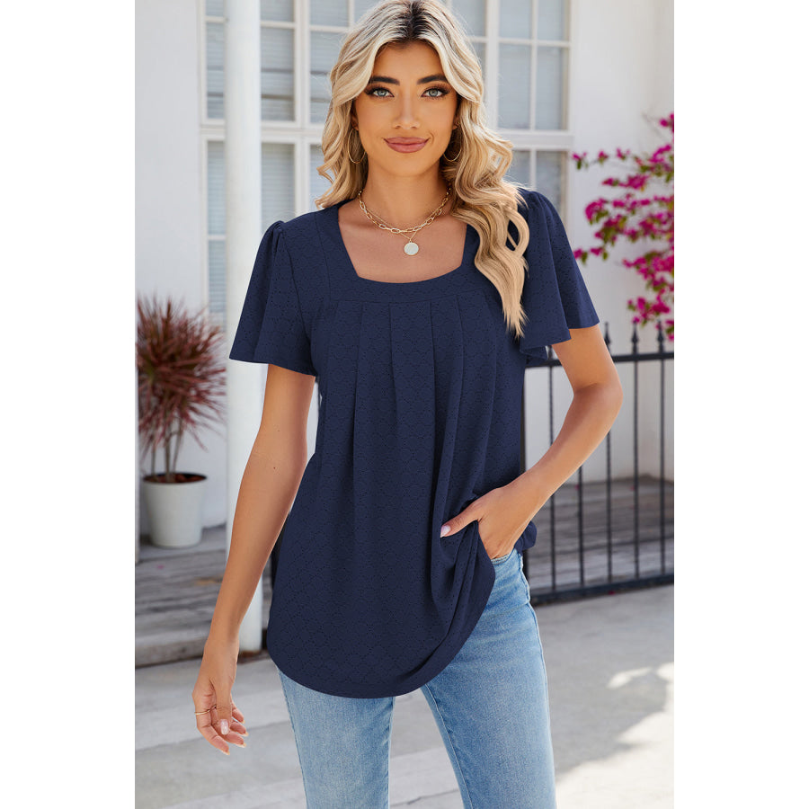 Eyelet Square Neck Flutter Sleeve Blouse Navy / S Apparel and Accessories